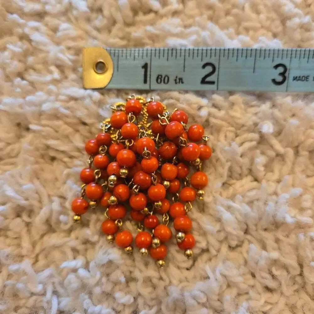 Vintage Gold Tone Orange Coral Cluster Waterfall Beaded Brooch Pin